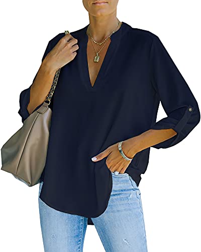 NONSAR Damen Bluse Elegant V-Ausschnitt Henley Hemdbluse Aufrollbaren Ärmeln Locker Blusen(9351XL,Dunkelblau)