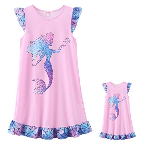 QPANCY Passende Mädchen und Puppen-Nachthemden Prinzessinnen-Flatterärmel Pyjama Nachtwäsche Nachtkleider, Meerjungfrauenprinzessin, 10-11 Jahre