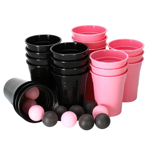 jiawaggag 22 Stück Beer Pong Becher 12 Ping Pong Bälle Satz Bierpong Becher Set Hartplastik Party Becher Set Wiederverwendbar 473ml Partybecher Schwarz Rosa Bierpong Bälle Für Freunde Familie Party