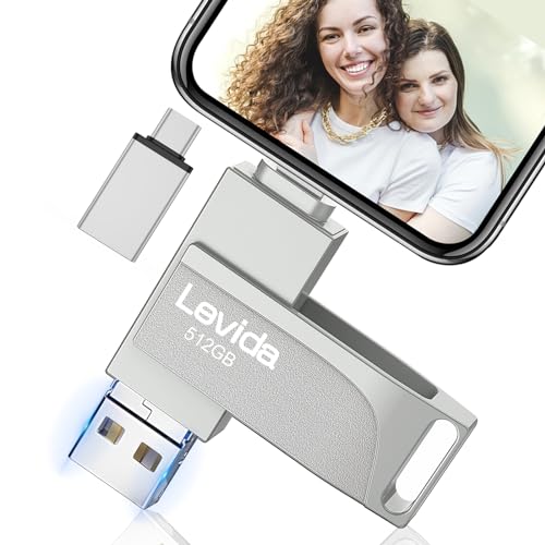 USB Stick 512GB für Phone,Levida Speicherstick,Photostick,Externer Speicher 4 in 1,Fotostick 3.0,Flash Drive für Handy,iOS,Android,Pad,Laptop,Pc(Mobile Memory,Automatic Photo Backup),Hellsilber