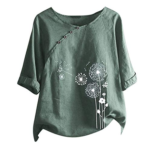 Damen Vintage Leinenbluse Sommer Kurzarm Oversize Oberteile Leinen Bluse Grosse Grössen Leinenoberteile Übergröße Tshirt Tunika Elegante Casual Pusteblume Druck Mode Lose T Shirt Pullover Tops