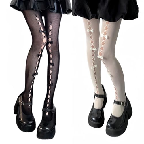 AKAMAS 2 Paar Damen Netzstrümpfe Mit Fliege,Hohe Taille Fischnetze Strumpfhose,Halterlose Strümpfe Kniestrümpfe,Lolita Durchbrochene Strümpfe mit Schleifen,Sexy Strumpfhosen Schwarz Weiß A