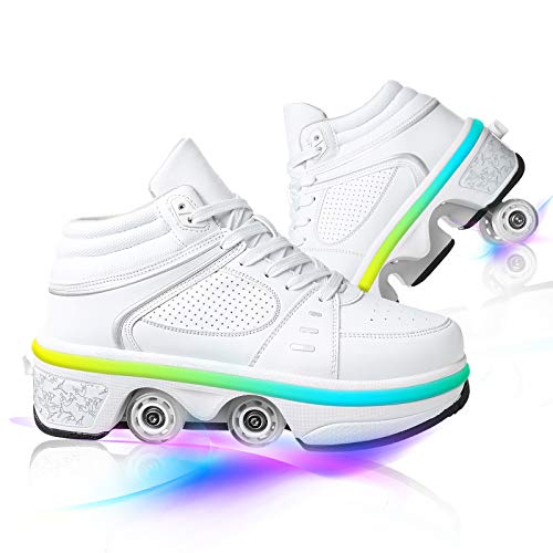 HealHeatersⓇ Schuhe Mit Rollen 2 in 1 Multifunktionale 4 Rad Rollschuhe Verformung Schuhe 7-Farbwechsel Lichtleiste Verstellbare USB Wiederaufladbar Für Männer Frauen,Weiß,38