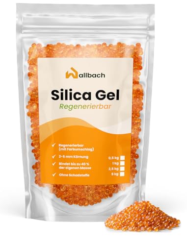 Wallbach® 1kg Silicagel Orange regenerierbar mit Indikator - Silica Gel Trockenmittel effektiv absorbierend & vielseitig anwendbar - Kieselgel Beutel, Kieselsäuregel Trocknungsmittel