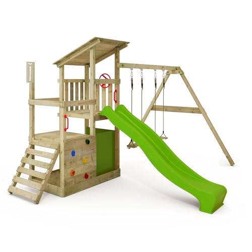 FATMOOSE Spielturm Klettergerüst FruityForest Fun XXL mit Schaukel & apfelgrüner Rutsche, Outdoor Kinder Kletterturm mit Sandkasten, Leiter & Spiel-Zubehör für den Garten