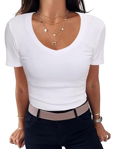Aottori Damen T-Shirt mit V Ausschnitt Elegant Oberteile Gerippt Stretch Tshirt Kurzarm Slim Fit Shirt Sexy Casual Basic Tops Weiß M