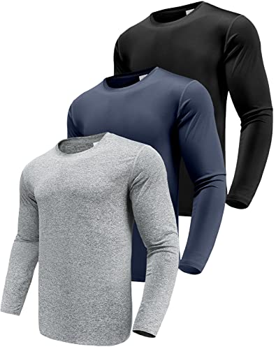 Herren 3er Pack Funktionsshirt Langarm T-Shirts, UPF 50+ Schnelltrocknend Hemden, Atmungsaktiv Shirt für Laufen Angeln Wandern Schwarz/Marine/Kohlengrau-3P03-XL