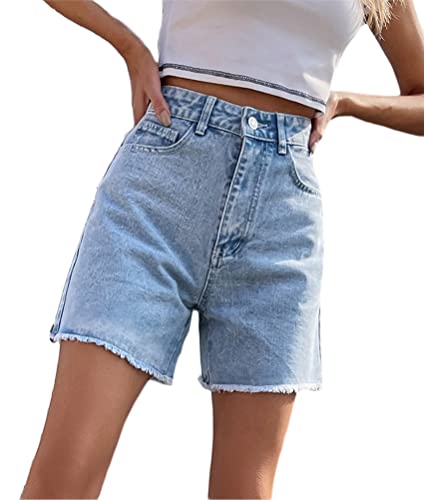 ORANDESIGNE Jeans Shorts Damen High Waist Straight Leg Bermuda Shorts Jeanshosen Kurz Denim Jeans Boyfriend Jeansshorts Sommer Baggy Hotpants Shorts mit Quaste A Hellblau M