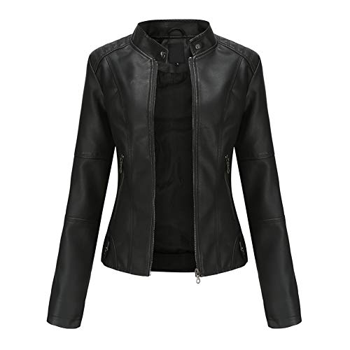 YYNUDA Lederjacke Damen Kurz Jacke Übergangsjacke aus Kunstleder mit Reißverschluss für Herbst（Schwarz XXL）