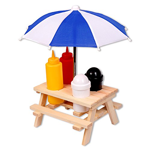 Schramm® Gewürzständer Picknicktisch mit Sonnenschirm Menage Senf Ketchup Salz Pfeffer Spender BBQ Menage Gewürzhalter Gewürzregal 6-teiliges Set