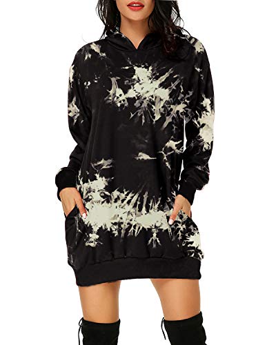 Auxo Damen Hoodies Langarm Pullover Sweatshirt Tie Dye Mini Kleider Casual Jumper Tops 001-Printed Schwarz Medium