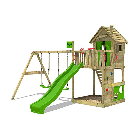 FATMOOSE Spielturm Klettergerüst HappyHome mit Schaukel & apfelgrüner Rutsche, Spielhaus mit Sandkasten, Leiter & Spiel-Zubehör