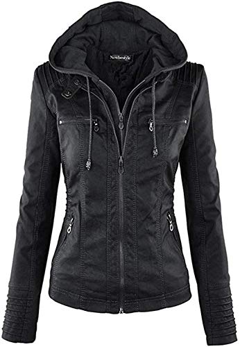 Newbestyle Jacke Damen Lederjacke Frauen mit Zip V Ausschnitt Kunstleder Bikerjacke Jacket Casual Übergangsjacke (Normale EU-Größe) (Schwarz, S/38)