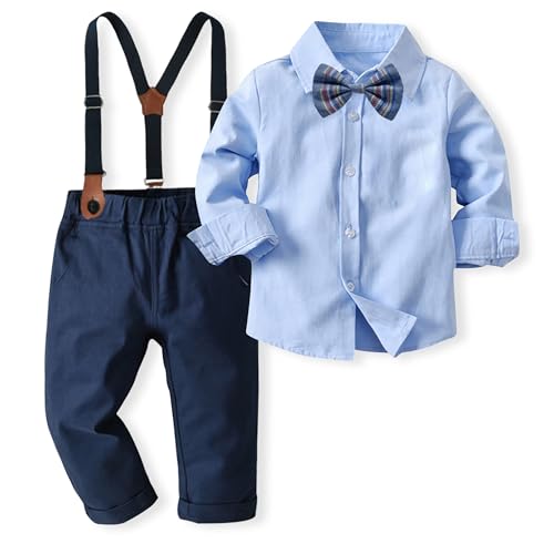 Volunboy Baby Jungen Anzug Set Bekleidung Hemd mit Fliege + Hosenträger Hosen Strampler Anzug(Blau,3-4 Jahre,Größe 110)