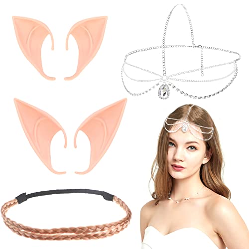 HOWAF Elfenohren Set, 2 Latex Ohren Spitzohren Feenohren + 2 Kopfkette Kopfschmuck Stirnband Haarband Weiche Spitzohren Elfen Kostüm Karneval Kostüm für Halloween Kostüm Anime Party Cosplay Zubehör
