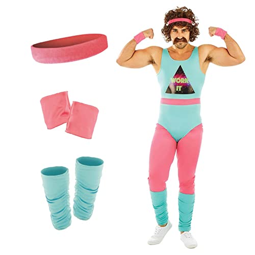 Fun Shack Blaues 80er Jahre Fitnesstrainer Kostüm für Herren, Retro Trainingsanzug, Lustiges Faschingskostüm - L