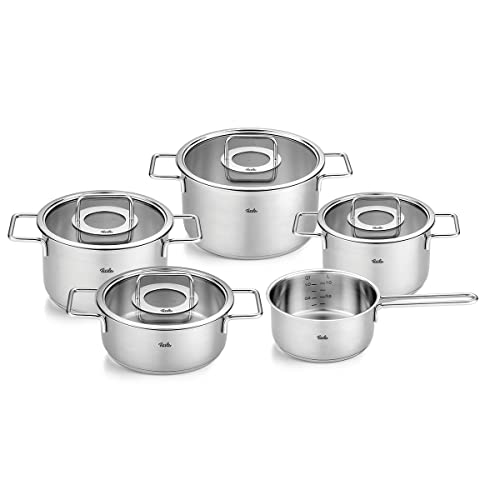 Fissler Pure Collection / Edelstahl-Kochtopfset, 5-teilig, Töpfe mit Glas-Deckel (3 Kochtöpfe,1 Bratentopf 1 Stielkasserolle) - Induktion, Silber