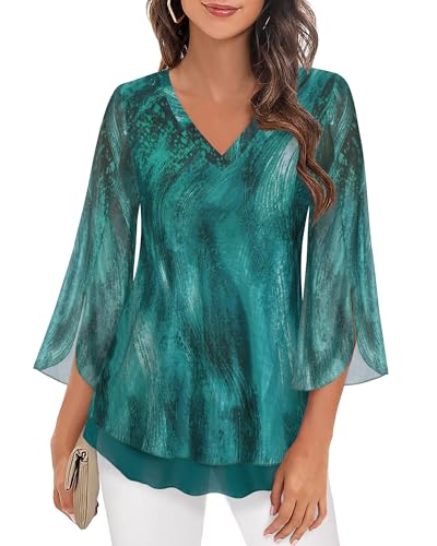 Datuhao Blusenshirt Damen 3/4 Arm Elegant Bluse Shirt Grün Lässige Oberteile Damen Kleidung Frühling Sommer Lockere Bluse Leicht Weich Fließend Oberteil Geblümt Blusen mit Schößchen,L
