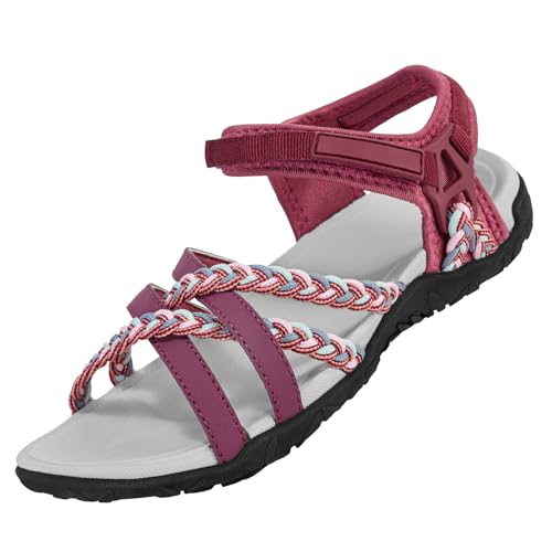OutPro Sandalen Damen Wandersandalen mit Fußgewölbestützriemen Sport-Sandale Wasserschuhe Strandurlaub weiblich lässiges Gehen,Weinrot 37