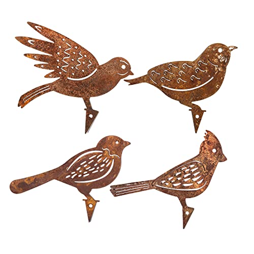 GWHOLE 4 Rostiges Vögel Edelrost Gartenstecker Rost Deko Gartendeko Metall Vogel für Holz Garten Dekoration