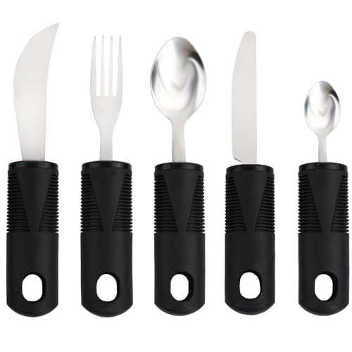 Anseom 5 Teiliges Adaptive Utensilien, Easy Grip Besteck Set Behinderten Esshilfen Besteck Rutschfeste Griffe, Besteck für Behinderte Menschen Parkinson Patienten Ältere Arthritis, Schwarz