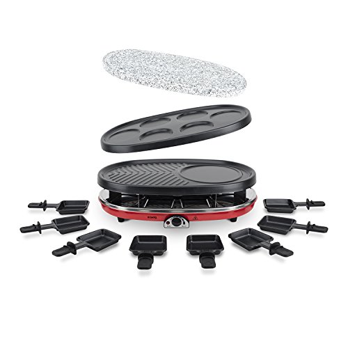 H.Koenig RP418 Raclette-Gerät 4 in 1 / 8 Personen / Raclette, Natursteingrill, Crepe-Platte und Grillplatte / mit 8 Pfännchen / 1500 W / schwarz/rot