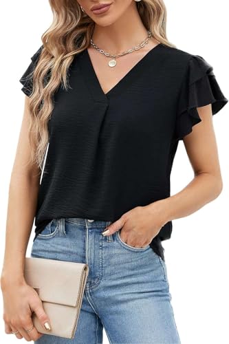 Teesho Damen Bluse Kurzarm Oberteile Sommer Shirts V-Ausschnitt Elegant Blusen Tunika Tops(Schwarz/M)