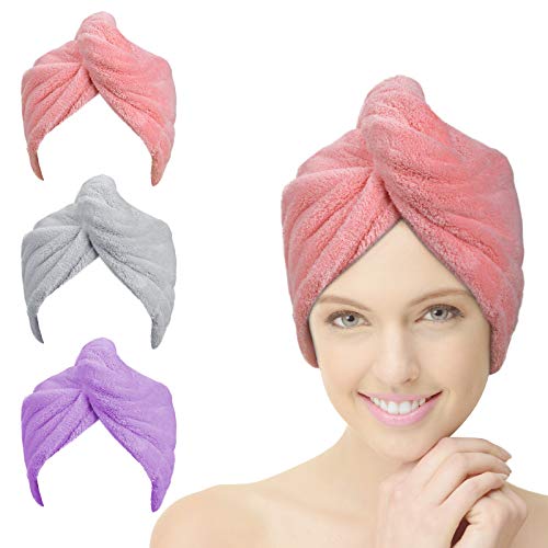 ACWOO Haarturban Handtuch, 3 Stück Turban Haartrockentuch Haarturban mit Knopf, Kopftuch Handtuch für Lange Haar, Schnelltrocknend Mikrofaser Handtuch Haarhandtücher