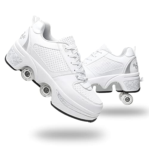 Roller Skate Shoes Rollschuhe Schuhe Mit Rollen Skateboardschuhe,Inline-Skate, verstellbar Damen Schuhe mit Rollen für mädchen (37, White Silver)