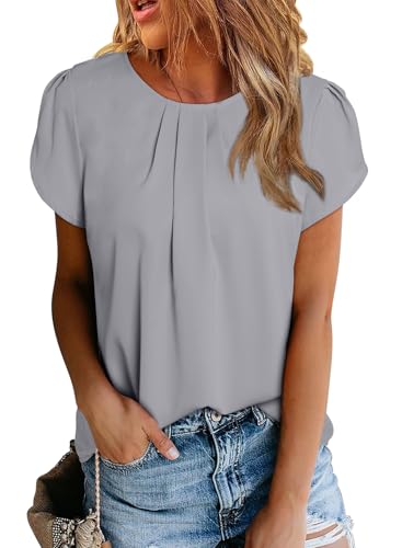 Dokotoo Damen Bluse Kurzarm Falten Tunika Elegant Chiffon Blusenshirt Sommer Rundhals Lose Oberteile Shirts Top, hellgrau, M