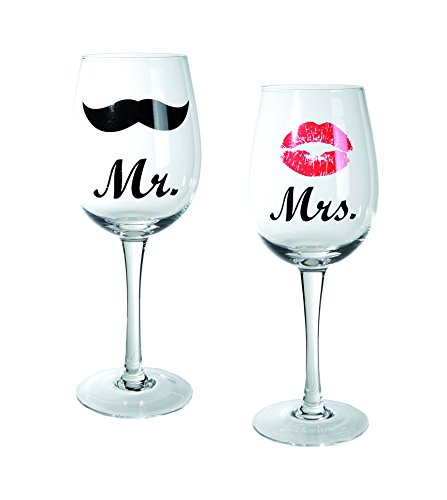 Out of the blue Weinglas mit Kussmund & Schnurrbartdekor | Mr und Mrs, circa 430 ml, Höhe 22,5 cm | 2-er Set in PVC-Box |, Transparent
