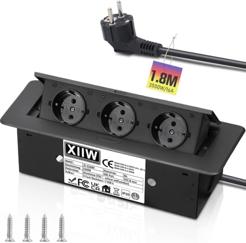 Aluminium Versenkbare Einbausteckdose, 3500W/16A/230V, 3 Fach Tischplatte Versenkte Steckdose arbeitsplatte, Tischsteckdose Mehrfachsteckdose Steckdosenleiste mit 1.8M Kabel, Nicht brennbar von 750°C