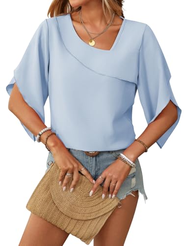 LEKOPUR Blau Damenblusen Chiffon 3/4 Arm - Leichte Tunika mit V-Ausschnitt Schickes Festliche Oberteil für Anlässe