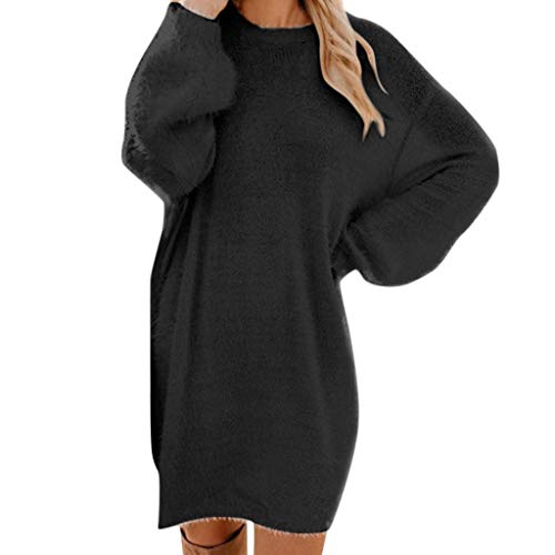 Pullover Damen Longpullover Damen Oversize Sweatshirt-Kleid Lose Langarm Winterkleid mit Fledermaus, Warme Pulloverkleid SchöNe Pullis BeiläUfige Rundhals Pullover Modische Shirtkleid, Schwarz, L