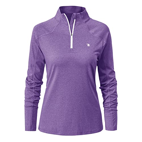 donhobo Damen Sport Shirt Langarm T-Shirt Schnelltrocknend Gym Yoga Fitness Training Laufshirt mit 1/4 Reißverschluss (Violett, M)