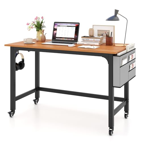 COSTWAY Schreibtisch mit Rollen, Computertisch mit Abnehmbarer Stofftasche und Kopfhörerhaken, Arbeitstisch mit 4 Rädern, Bürotisch rollbar, PC-Tisch, 120 x 60 x 75 cm, Natur