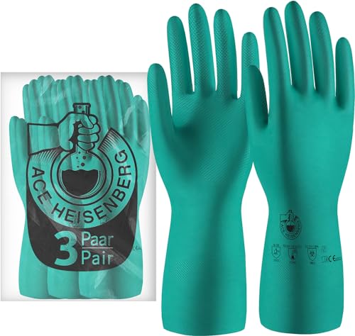 ACE Heisenberg Chemie-Handschuhe - 3 Paar Chemikalien-Schutzhandschuhe aus Nitril - extra lang & gefüttert - 09/L (3er Pack)