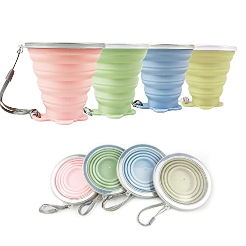 ddLUCK Faltbare Silikon-Becher, 4 Stück, BPA-frei, faltbare Reisebecher, faltbare Silikon-Becher mit Kunststoff-Deckel, wiederverwendbar, tragbares Tassen-Set für Picknick, Camping, Wandern, Reisen