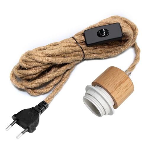 Hängelampe mit Stecker 5M Kabel Hanfseil Retro Pendellampe Pendelleuchte Kit mit Stecker Lampenfassung E27 Vintage Hängeleuchte Lampenkabel mit Schalter Lampe Steckdose für Küche Wohnzimmer