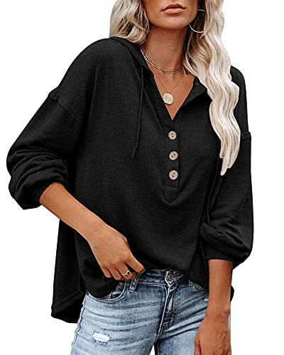 PLOKNRD Winter Oversized Pullover Damen Button Down V-Ausschnitt Sweatshirts 40-42 (Schwarz,M)