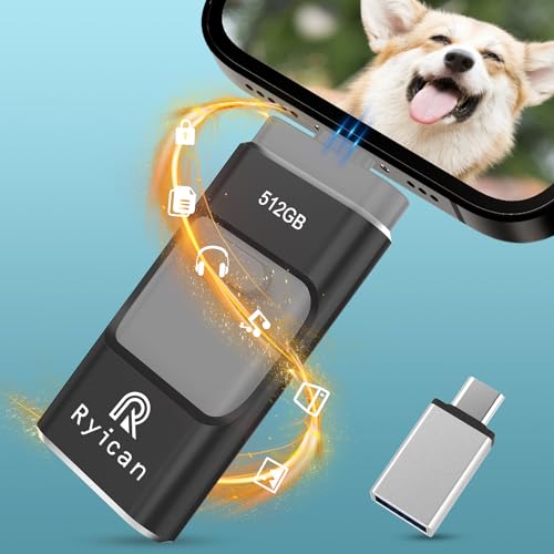 USB Stick für Phone Ryican 512GB Speicherstick für iOS Passwortgeschützte Dateien 4 in 1 USB 3.0 Photostick Pendrive USB C für OTG Android/Laptop/PC/Pad,Daten Kopierten Mit Einem klick(512G,Schwarz)