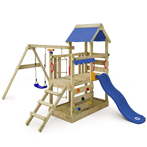 WICKEY Spielturm Klettergerüst TurboFlyer mit Schaukel & Blauer Rutsche, Outdoor Kinder Kletterturm mit Sandkasten, Leiter & Spiel-Zubehör für den Garten
