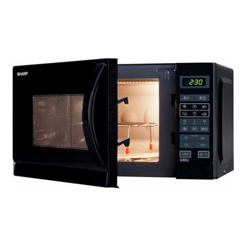 Sharp R742BKW 2-in-1 Mikrowelle mit Grill / 25 L / 900 W / 1000 W Grill / LED-Display / 8 Automatikprogramme / Gewichtgesteuertes Auftauen / Kindersicherung / Energiesparmodus / hoher Rost / schwarz