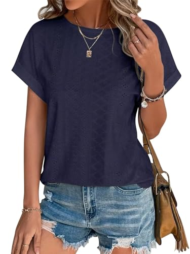 Cuptacc Bluse Damen Sommer Elegant Top Damen Tops Lochstickerei Kurzarm Oberteil Dunkelblau XL 46-48