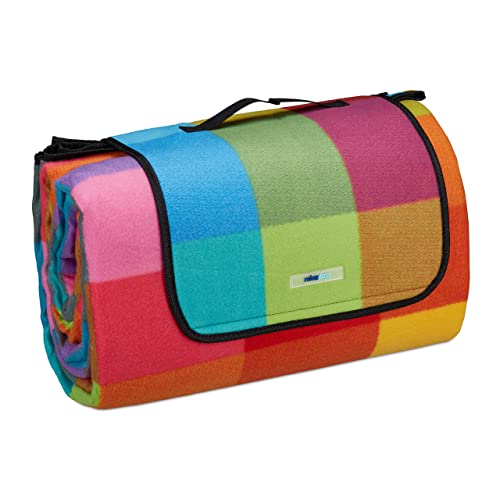 Relaxdays XXL Picknickdecke, 200x300 cm, isoliert, wasserdicht, Karierte Fleece Stranddecke, weich, Tragegriff, bunt