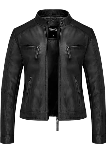 REPUBLIX Damen Echtleder Jacke Biker Zipper Lederjacke RJ-8006 Schwarz XXL
