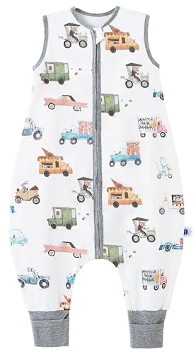 Chilsuessy Baby Sommerschlafsack mit Füßen 0.5 Tog Kleine Kinder Schlafsack mit Beinen Unwattiert 100% Baumwolle Schlafstrampler für Jungen und Mädchen, Bunte Autos, 70cm/Baby Höhe 80-90cm