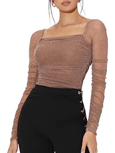 SheIn Damen Elegant Oberteile U-Ausschnitt Mesh Langarm Tops Glitzer Langarmshirt mit Netzstoff Mokka-Braun XS