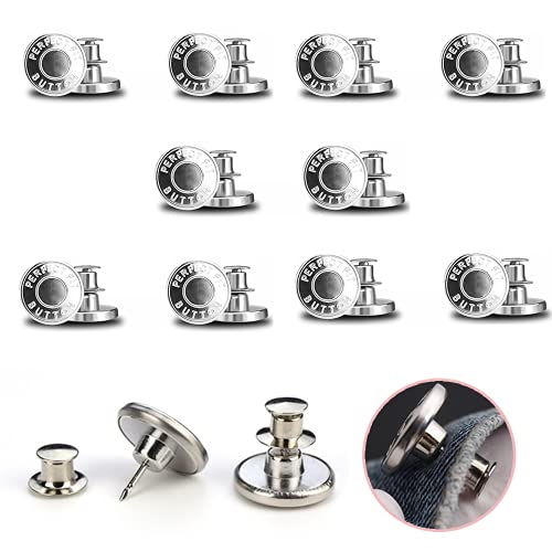 10 Stück Jeans Knöpfe Ohne Nähen, 17mm Button Pins Jeans, Hosenknöpfe Zum Stecken, DIY Jeansknopf, Knöpfe Hosen Enger Machen, Jeans Knöpfe zum Erweitern oder Reduzieren der Hosengröße(Silber)