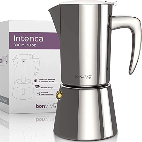 bonVIVO Intenca Espressokocher Induktion geeignet - Edelstahl Kaffeekocher in Chrom Edelstahl m. Wasserkessel, Sieb – Mokkakanne Chrom, 6 Tassen 300ml